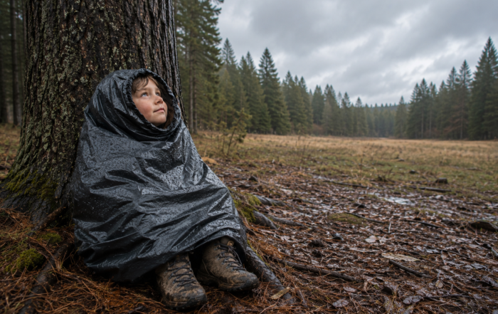 child in survival trash-bag poncho sitting at base of tree, waiting for rescue — Hug-a-Tree program illustration.
