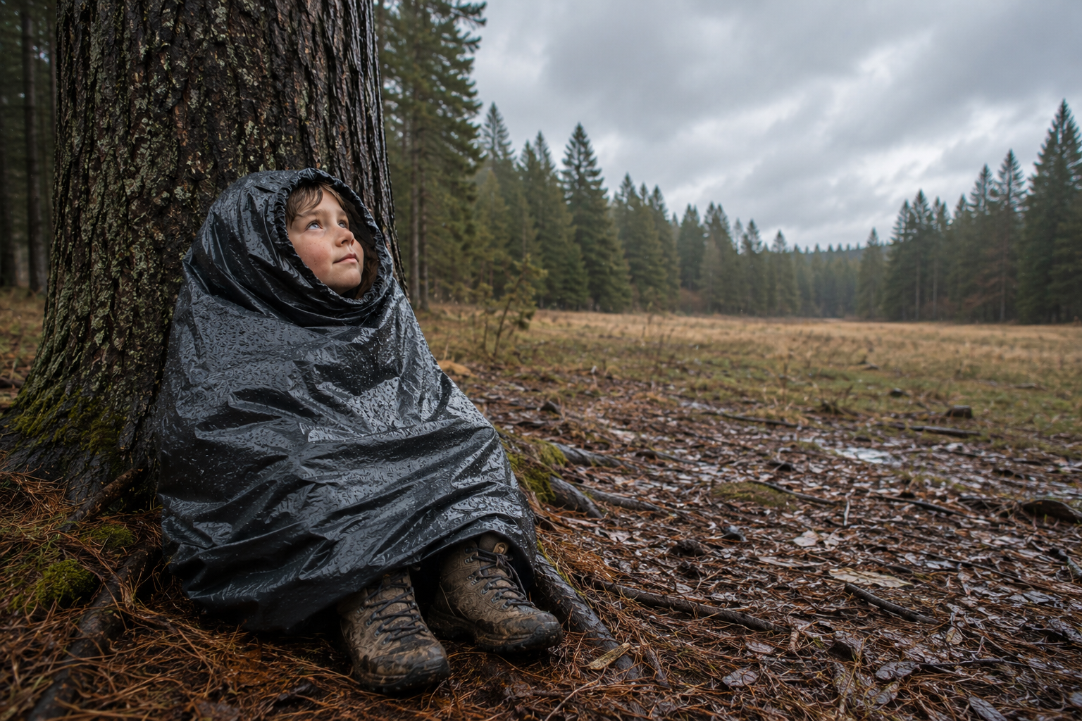 child in survival trash-bag poncho sitting at base of tree, waiting for rescue — Hug-a-Tree program illustration.